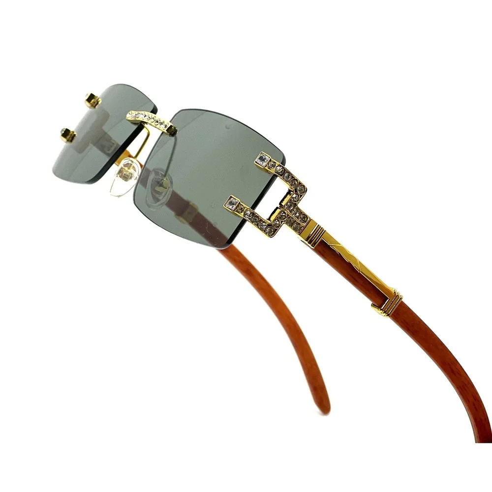 Women Gold Rimless Rectangle Rhinestone Sunglasses Grey Lens Wood Grain Arms Y2K